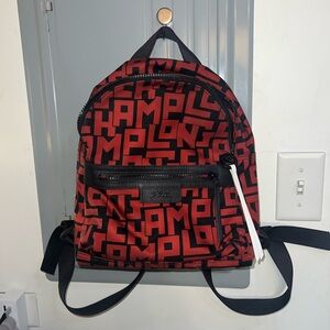 Longchamp Bold Red and Black Logo Backpack